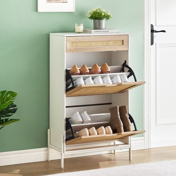 Entryway Shoe Cabinet with 2 Flip Drawers, Free Standing 2 Tier Slim Shoe Organizer, 3-Gear Adjustable Drawers, White