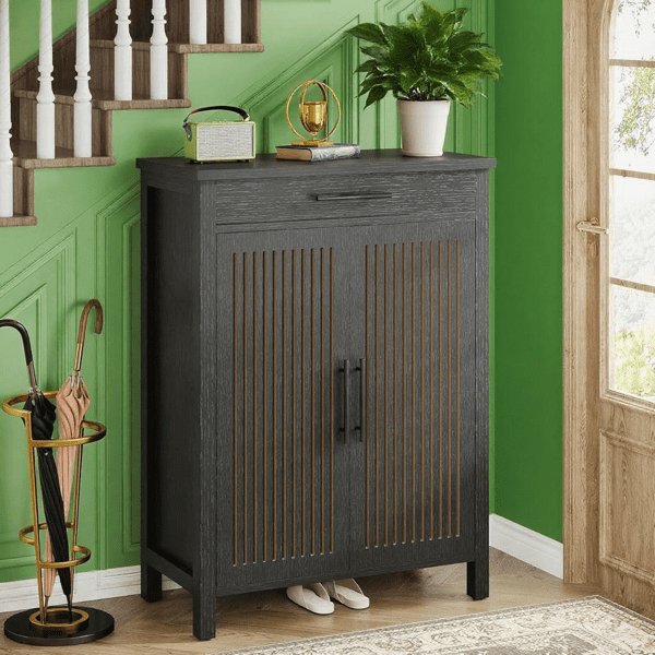 Entryway Shoe Cabinet with 5 Storage Tiers & Large Drawer, 2 Louvered Door Organizer Holds 20 Pairs, Farmhouse Style MDF Construction w/ Anti-Tip