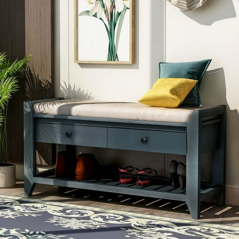 Entryway Shoe Rack Bench Wood Shoe Storage Bench with Cushioned Seat 2 Drawers Multipurpose Storage Bench Shoe Shoe Cabinet Bench for Living