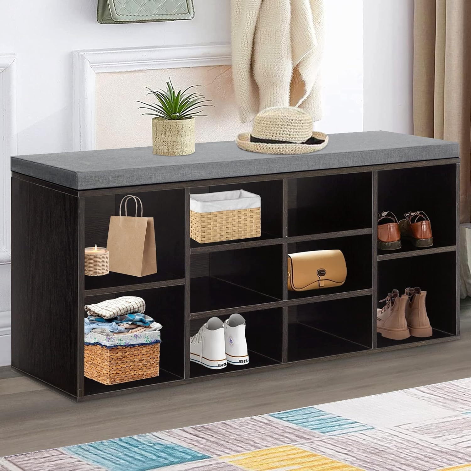 Entryway Shoe Storage Bench 10 Compartments 3-Tier Shoe Organizer with ...