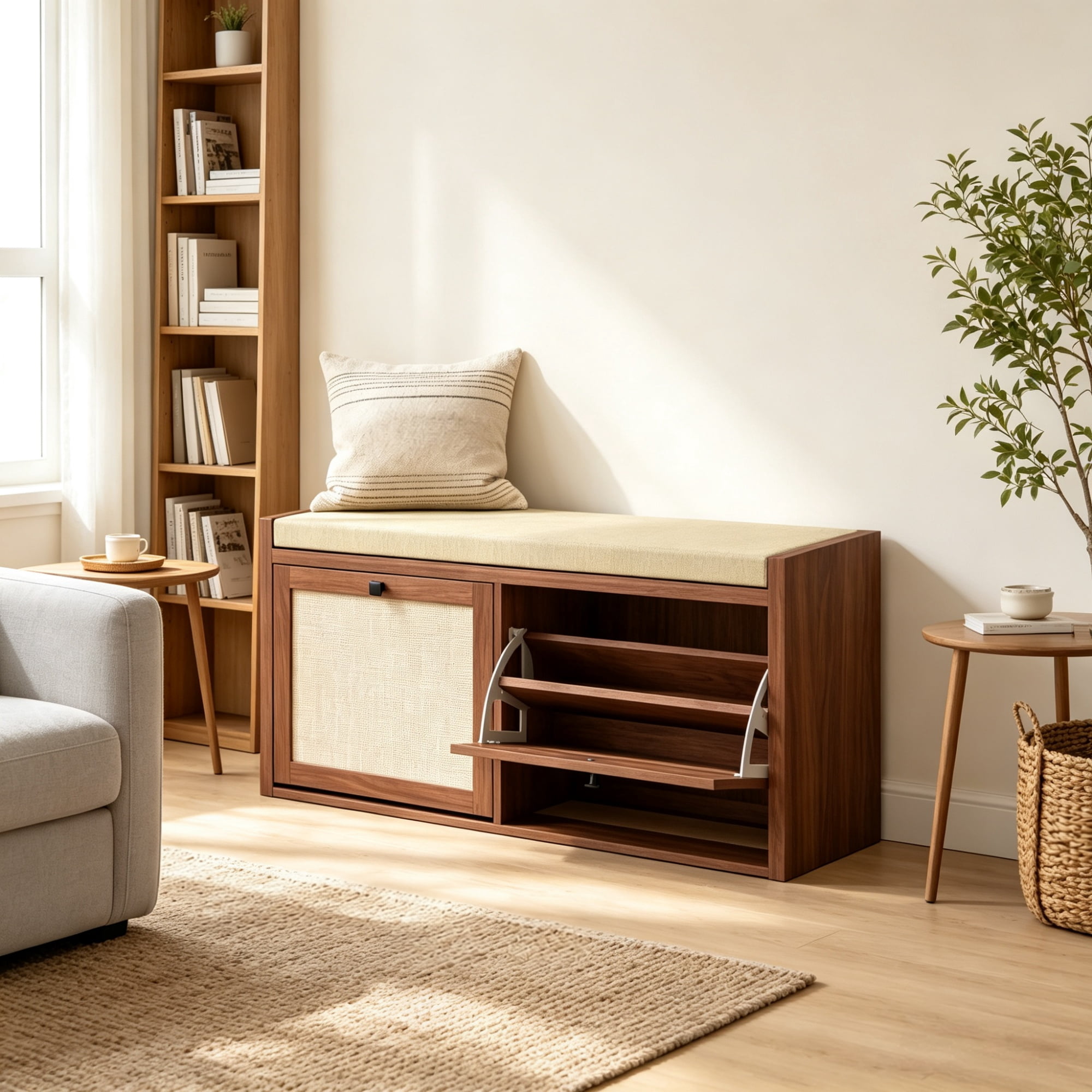 Entryway Shoe Storage Bench, Padded Seat with 2 Rattan Doors for Hidden Shoe Storage, Brown
