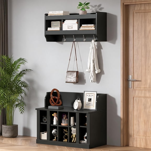 Entryway Shoe Storage Bench, Sleek Black Particle Board Hall Tree with Adjustable Storage, Seats 2 for Foyer Mudroom