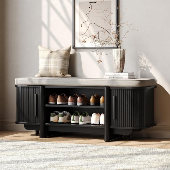 Entryway Shoe Storage Bench with Sliding Doors, 2-Tier Upholstered Shoe Rack Bench with Hidden Storage, Wooden Shoe Organizer with Padded Cushion for Hallway, Mudroom, Bedroom, Black Finish