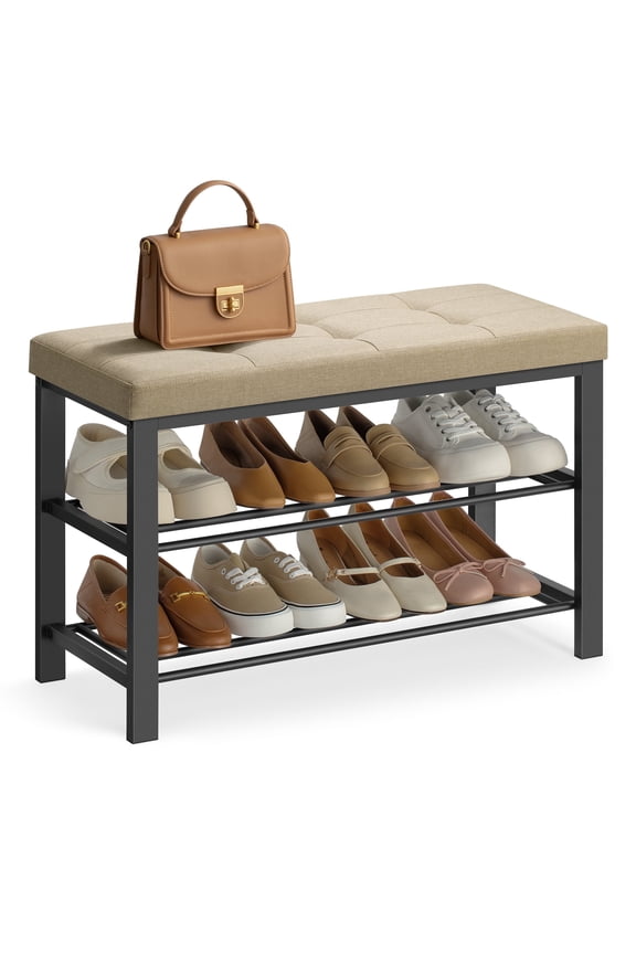 Entryway Shoe Storage Bench with Cushion, 3-Tier Shoe Rack, Foam Padded Sea,Camel Brown and Ink Black
