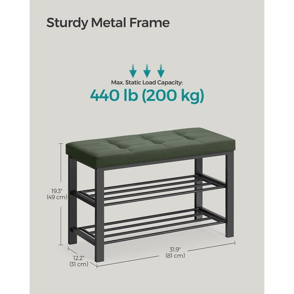Entryway Shoe Storage Bench with Cushion, 3-Tier Shoe Rack, Foam Padded Seat,Forest Green and Ink Black