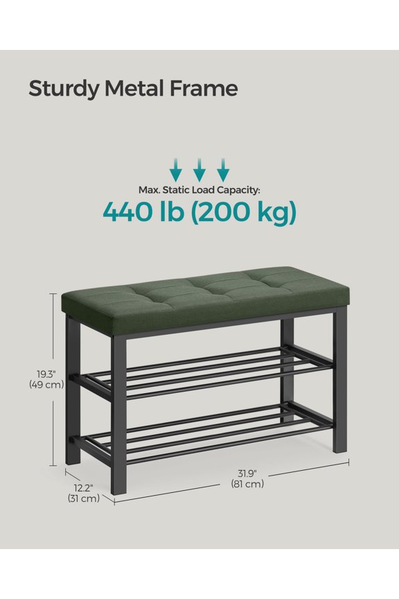 Entryway Shoe Storage Bench with Cushion, 3-Tier Shoe Rack, Foam Padded Seat,Forest Green and Ink Black