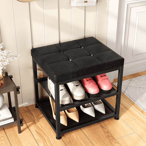Shoe Bench with Cushion, 2-Tier Entryway Shoe Rack Organizer, Adjustable Shelf, Black