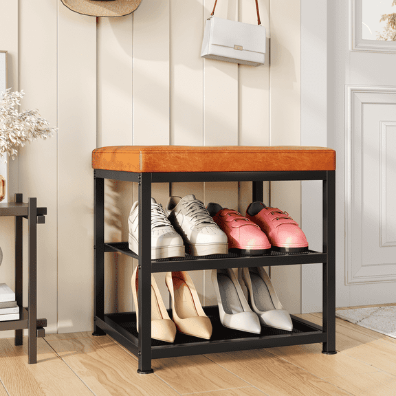 Shoe Bench with Cushion, 2-Tier Entryway Shoe Rack Organizer, Adjustable Shelf, Brown
