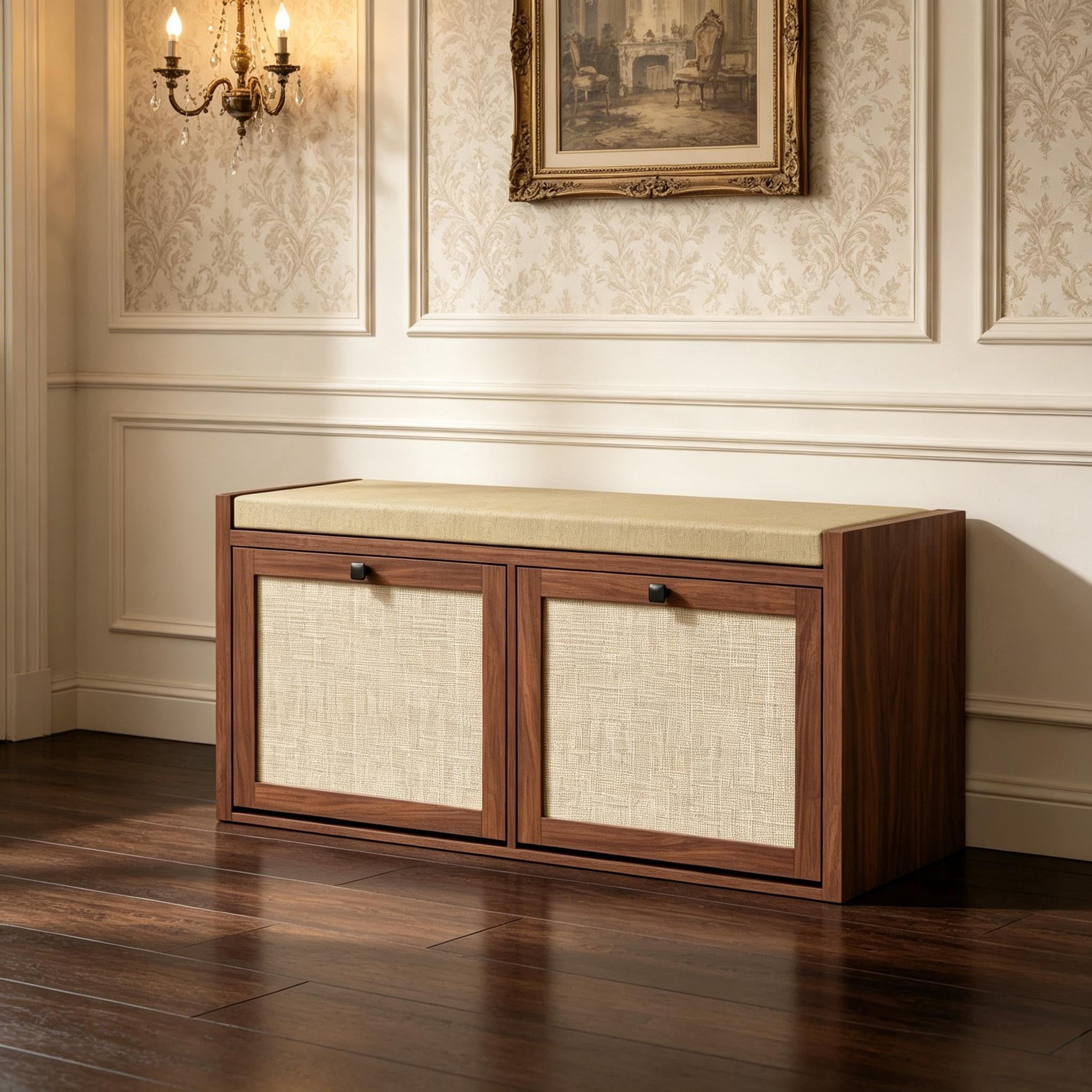 Entryway Shoe Storage Bench with PE Rattan Doors, 42.5" Wide Seat, 2 Downward-Opening Cabinets, High-Density Foam Cushion for Hallway Bedroom