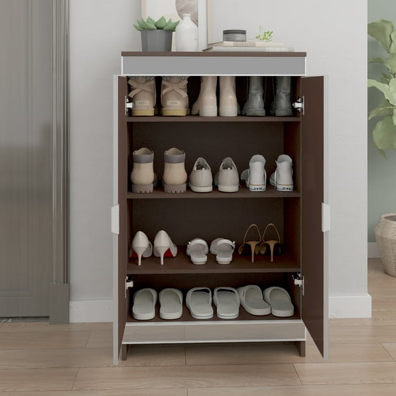 Entryway Shoe Storage Cabinet, Shoe Rack for Front Door Entrance, Mirrored Cabinet with Double Door Storage, Elegant Decor Mirrored Cabinets with Silver Edging