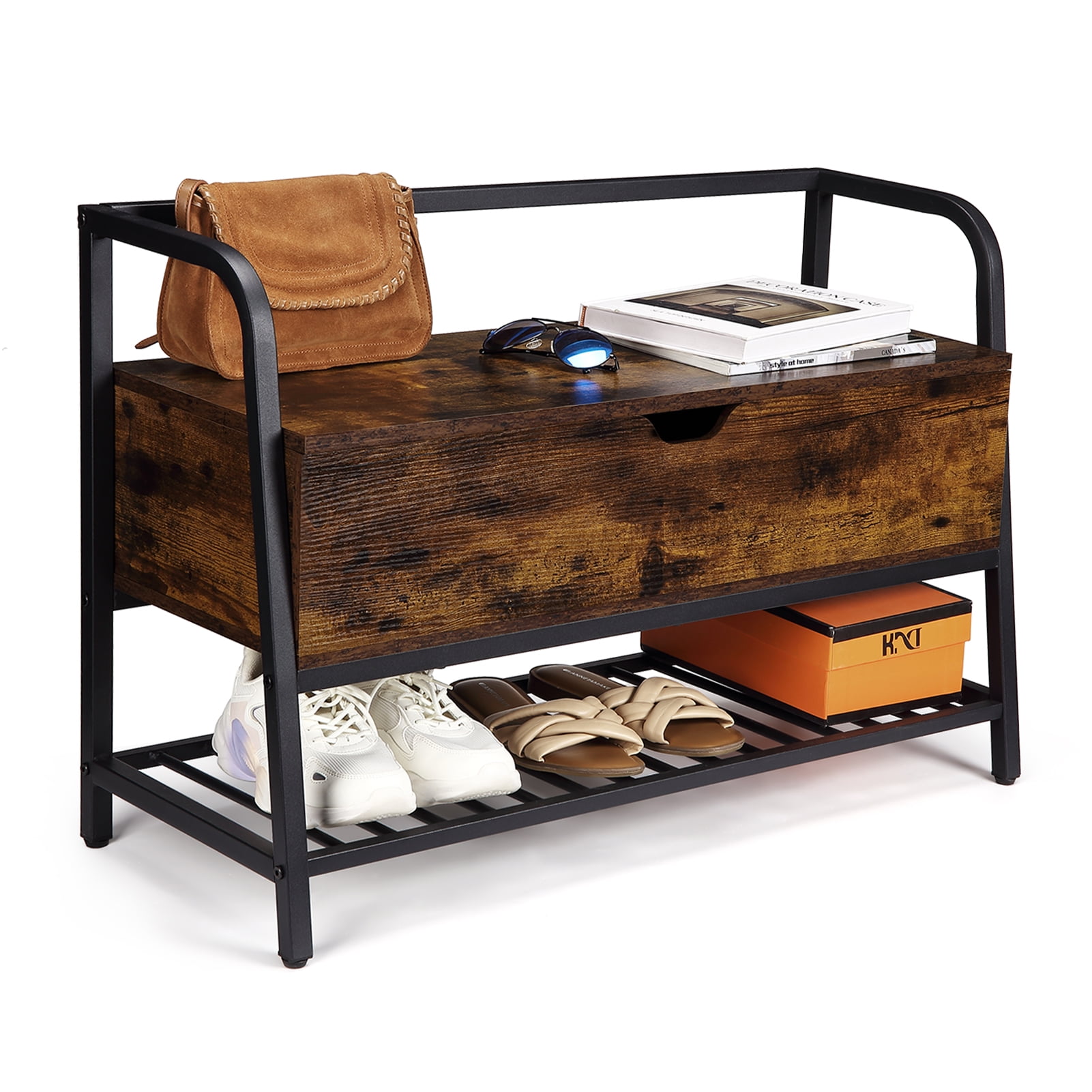 Entryway Storage Bench, 33 in Vintage Shoe Rack Bench with Storage Box ...