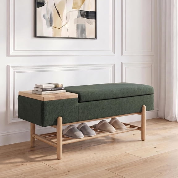 Entryway Storage Bench for Bedroom Upholstered End of Bed Ottoman Bench with Wood Shoe Storage/Coffee Table for Living Room/Hallway/Under Window, 46.5 Inches, Linen Green