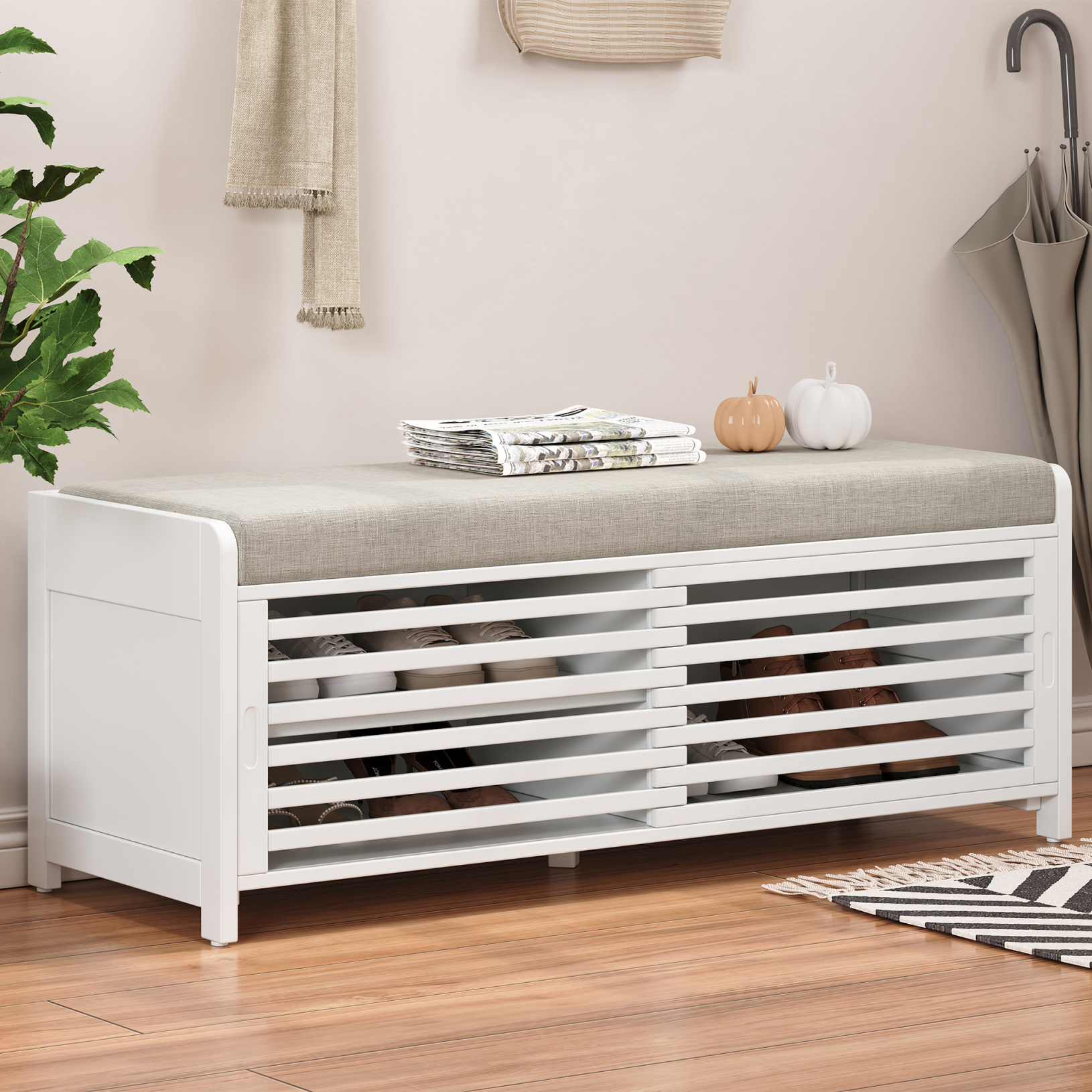 Entryway Storage Bench with Sliding Doors and 1 Shelf, Distressed ...
