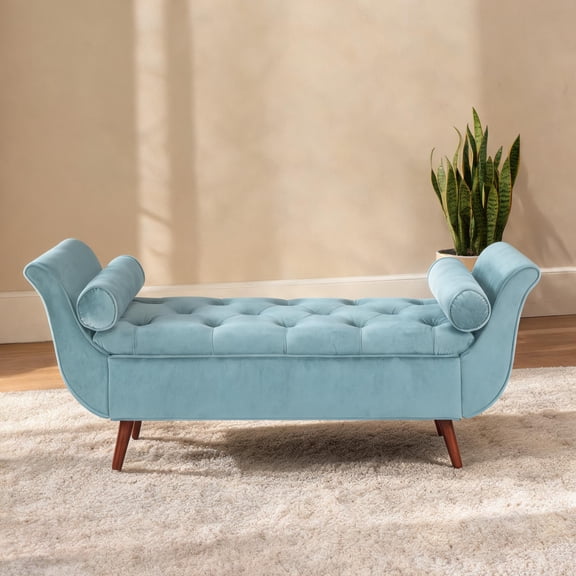 Entryway Storage Bench, Velvet Upholstered, 65-Inch Long, Rich Blue Tufted Mid-Century Design