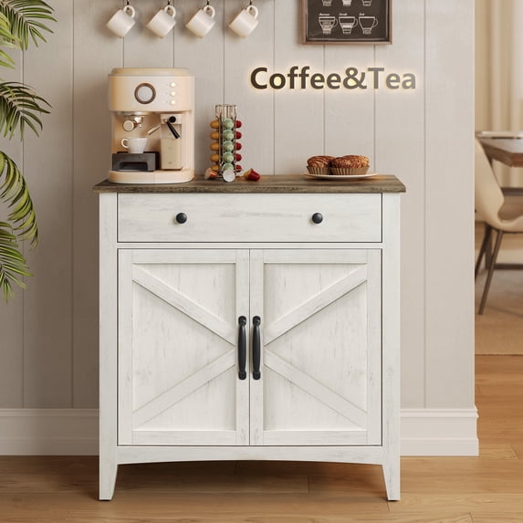 VASAGLE Buffet Cabinet, Coffee Bar Cabinet with a Drawer, Adjustable Shelf, Sideboard Storage with Cable Hole, Drawer Divider, Rustic White and Honey Brown