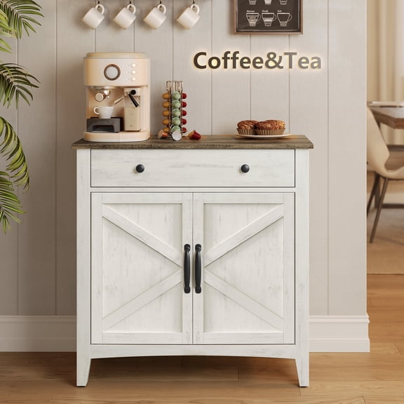 VASAGLE Buffet Cabinet, Coffee Bar Cabinet with a Drawer, Adjustable Shelf, Sideboard Storage with Cable Hole, Drawer Divider, Rustic White and Honey Brown