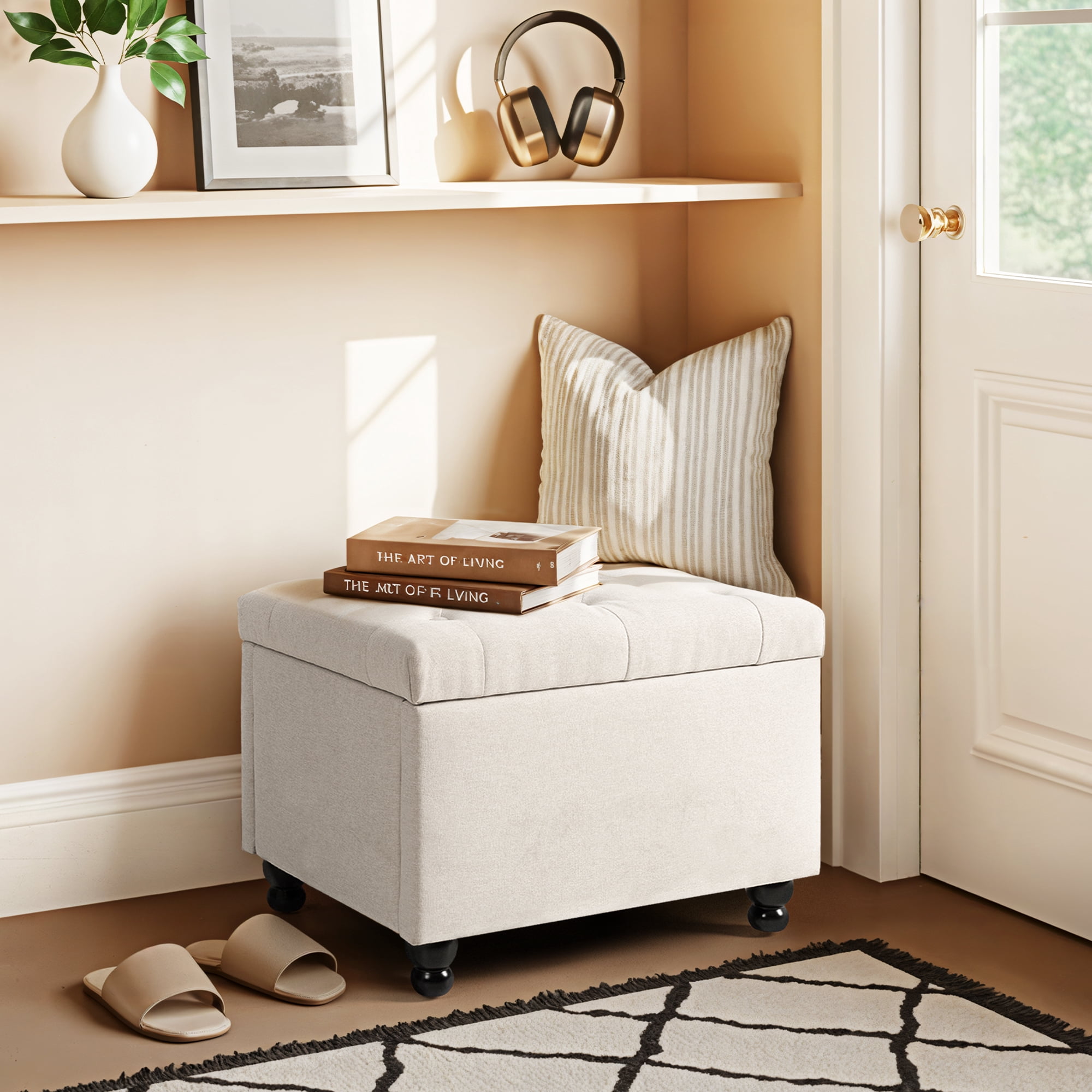 Pamapic 24“ Rectangle Upholstered Storage Ottoman, Fuax Linen Shoe Stool in Beige for Entryway