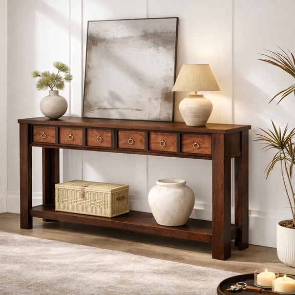 Entryway Table, 59 Inch Console Table Narrow Sofa Table Behind Couch, Farmhouse Entry Table with 2 Drawers, 2-Tier Open Shelf Hallway Foyer Table, Reinforced l-Shape Legs, Color Blocking