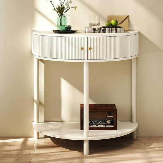 Entryway Table, Artisan-Crafted Half Moon Fluted Console Tables with 2 Rattan Storage,Small Half Circle Tables for Hallway, Narrow Round Accent Decort Table for Living Room (Dark Gray)