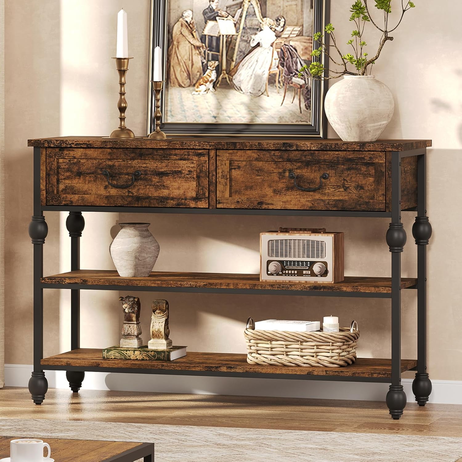 Entryway Table, Console Table with 2 Storage Drawers, 3 Tier Industrial ...