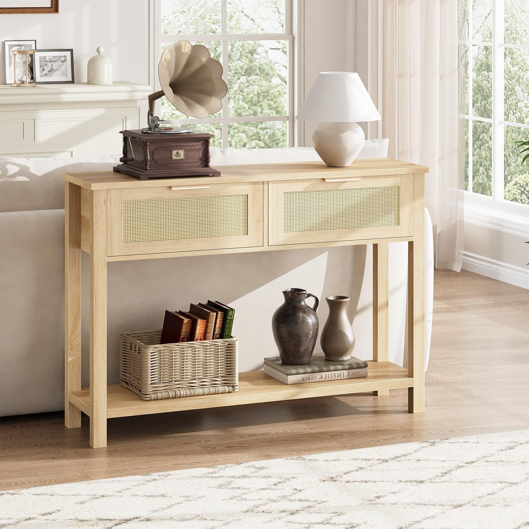 Light Brown Wood Console Table with Rattan Drawers and Storage Shelf