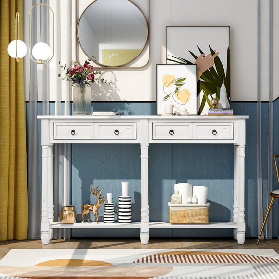 Entryway Table with Drawer, Solid Wood Console Accent Table for Living Room, Modern Sofa Table with Storage Shelf, Wooden Long Console Table Entry Side Table, Easy Assembly, Antique White, J3467