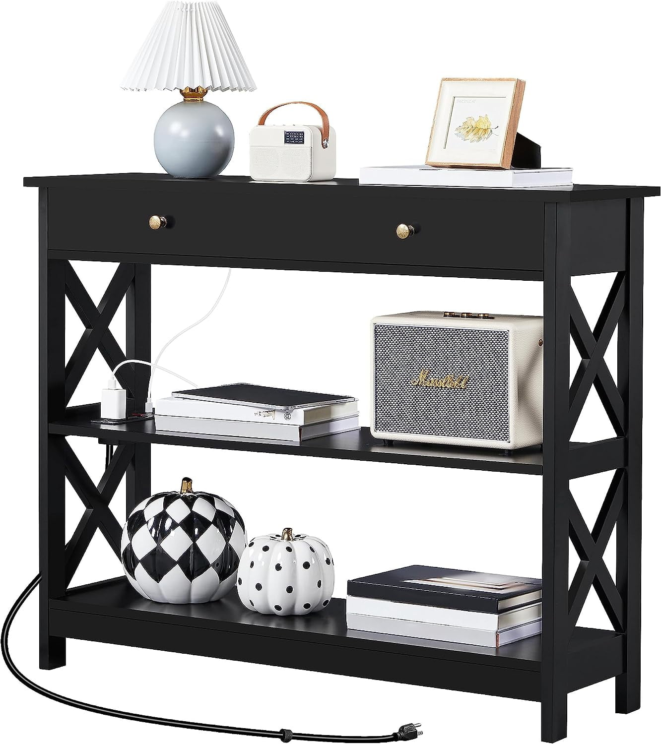 Entryway Table with Drawer, Wood Console Table with Outlets and USB