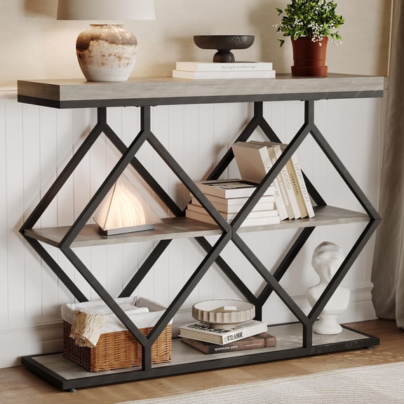 Entryway Table, Industrial 3-Tier Console Sofa Table with Open Shelves, Wood Accent Table with Diamond-Shaped Metal Frame for Small Spaces, Entrance