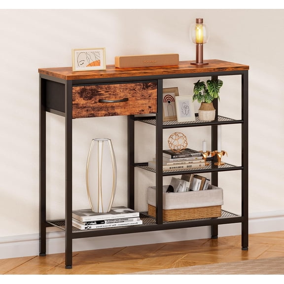 Entryway Table Industrial 31.5" Sofa Console Table with Metal Mesh Shelf,Storage Fabric Drawer 4-Tier Shoe Rack Side Furniture for Front Door,Foyer Wooden Top, Sturdy Steel Frame,Rustic Brown