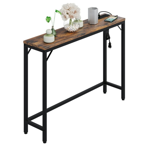 Entryway Table with Power Outlets & USB Ports, Narrow Sofa Table with Charging Station, 39.3" Industrial Console Table, Behind Couch Table for Living Room, Hallway, Foyer, Bedroom-Vintage, Grey