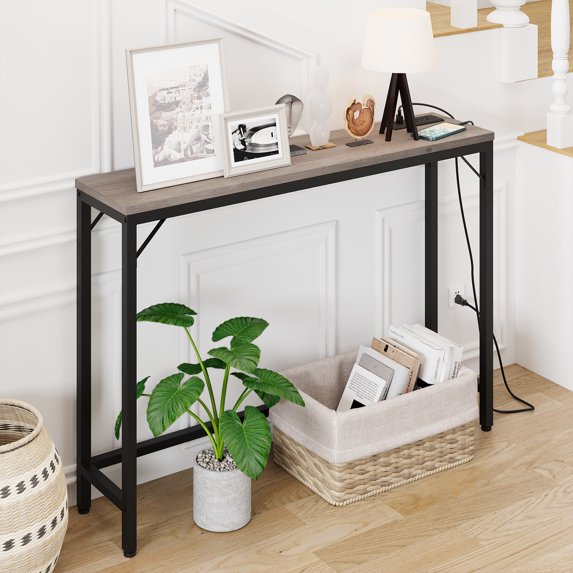 Entryway Table with Power Outlets & USB Ports, Narrow Sofa Table with Charging Station, 39.3" Industrial Console Table, Behind Couch Table for Living Room, Hallway, Foyer, Bedroom-Grey
