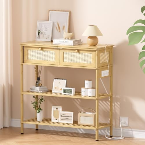 Entryway Table Sofa Console Table, Bamboo Small Entry Way Table with Drawers Storage and Power Outlets for Living Room, Hallway, Foyer, Entrance$$Furniture