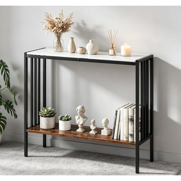 Entryway Table with Storage, 2-Tier Marble Sofa Table with Sintered Stone Top, Wood Shelf, Industrial Metal Frame, Modern Console Table for Entryway, Living Room, White & Rustic Brown