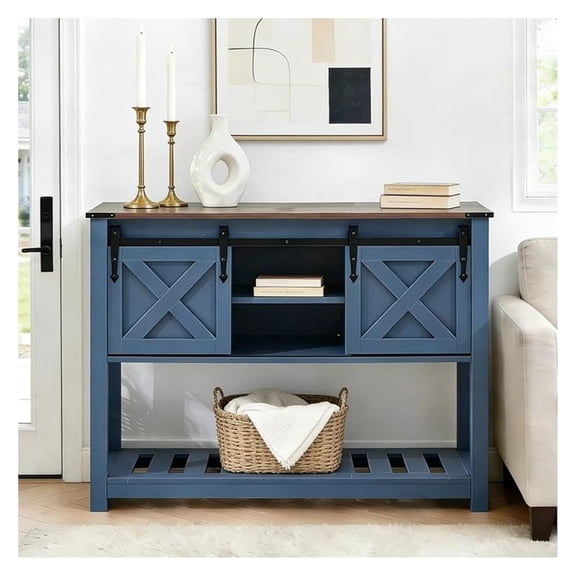 Entryway Table with Storage, Farmhouse Buffet Cabinet Coffee Bar Kitchen Island with Sliding Barn Doors & Shelves, Console Table for Kitchen, Dining Room, Living Room, Blue