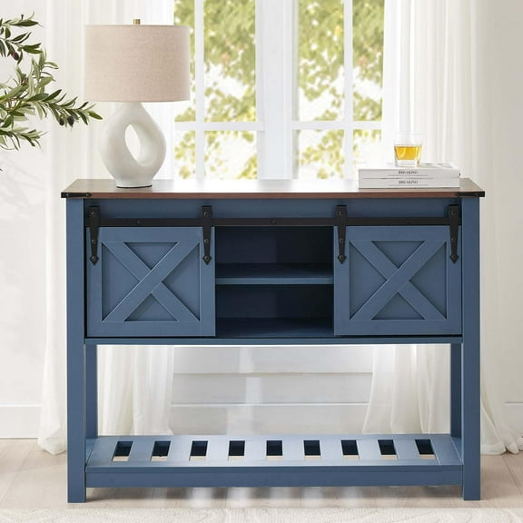 Entryway Table with Storage, Farmhouse Buffet Cabinet Coffee Bar Kitchen Island with Sliding Barn Doors & Shelves, Console Table for Kitchen, Dining Room, Living Room, Blue