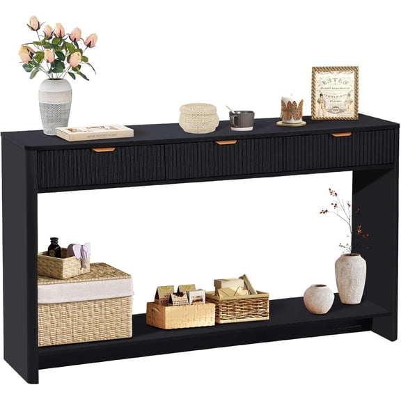 Entryway Table with Storage, Narrow Console Table with 3 Drawers, 55.12' Couch Table Behind Sofa Long for Living Room TV/Hallway Entrance Foyer, Mid Century Modern Black Fluted Console Table