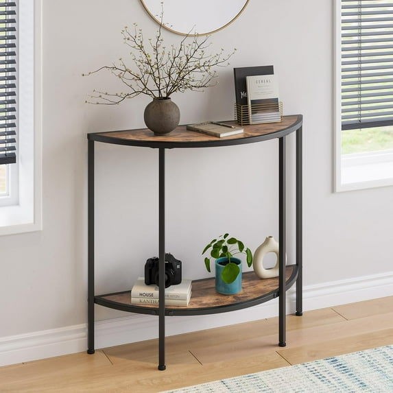 Entryway Table with Storage,Narrow Console Table for Living Room Coffee Table 2-Tier Half Moon Sofa Table,Small Entry Table,Hallway Side Table with Metal Frame,Rustic Brown and Black