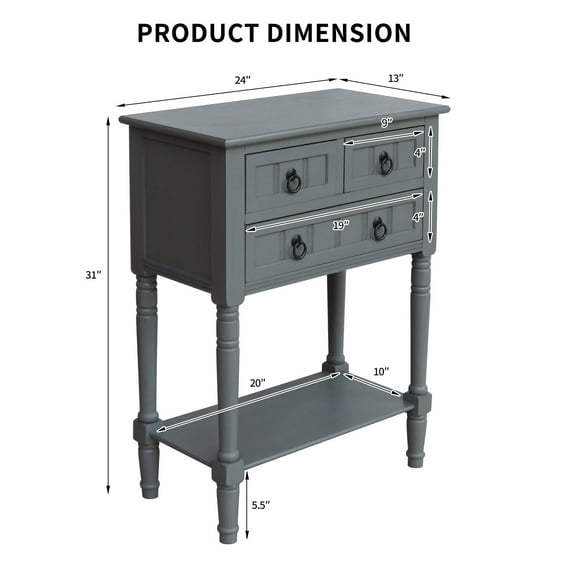 Entryway Table with Storage, Rustic Small Console Table w/ 3 Drawers & Open Bottom Shelf, Skinny Wood Console Table, Narrow Sofa Side Table for Living Room, Foyer, Entry Table, Vendee Gray