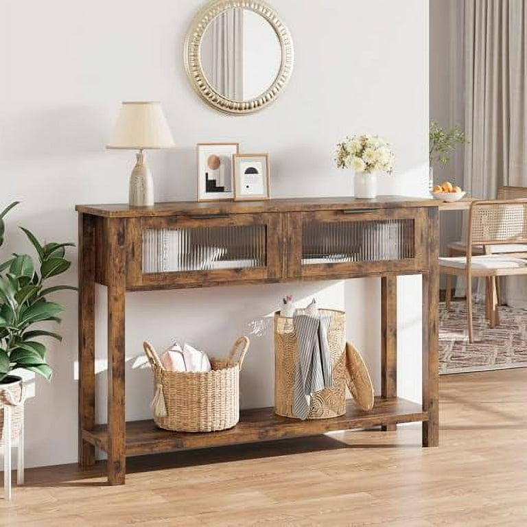 Entryway Table with 2 Glass Drawers Brown