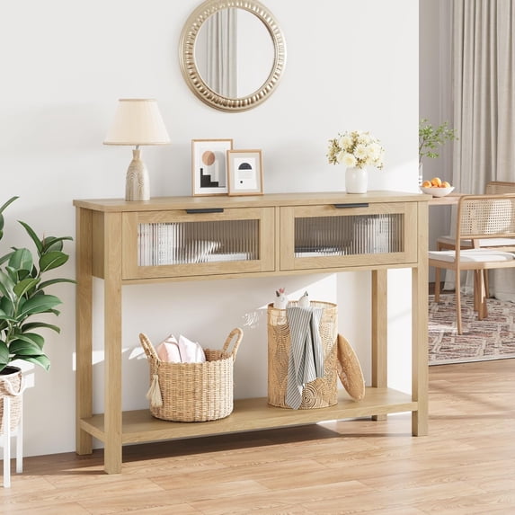 Entryway Table with 2 Drawers Storage Shelve , Narrow Console Table with Glass-Front Drawers,for Entryway Farmhouse Hallway Tables,Beige