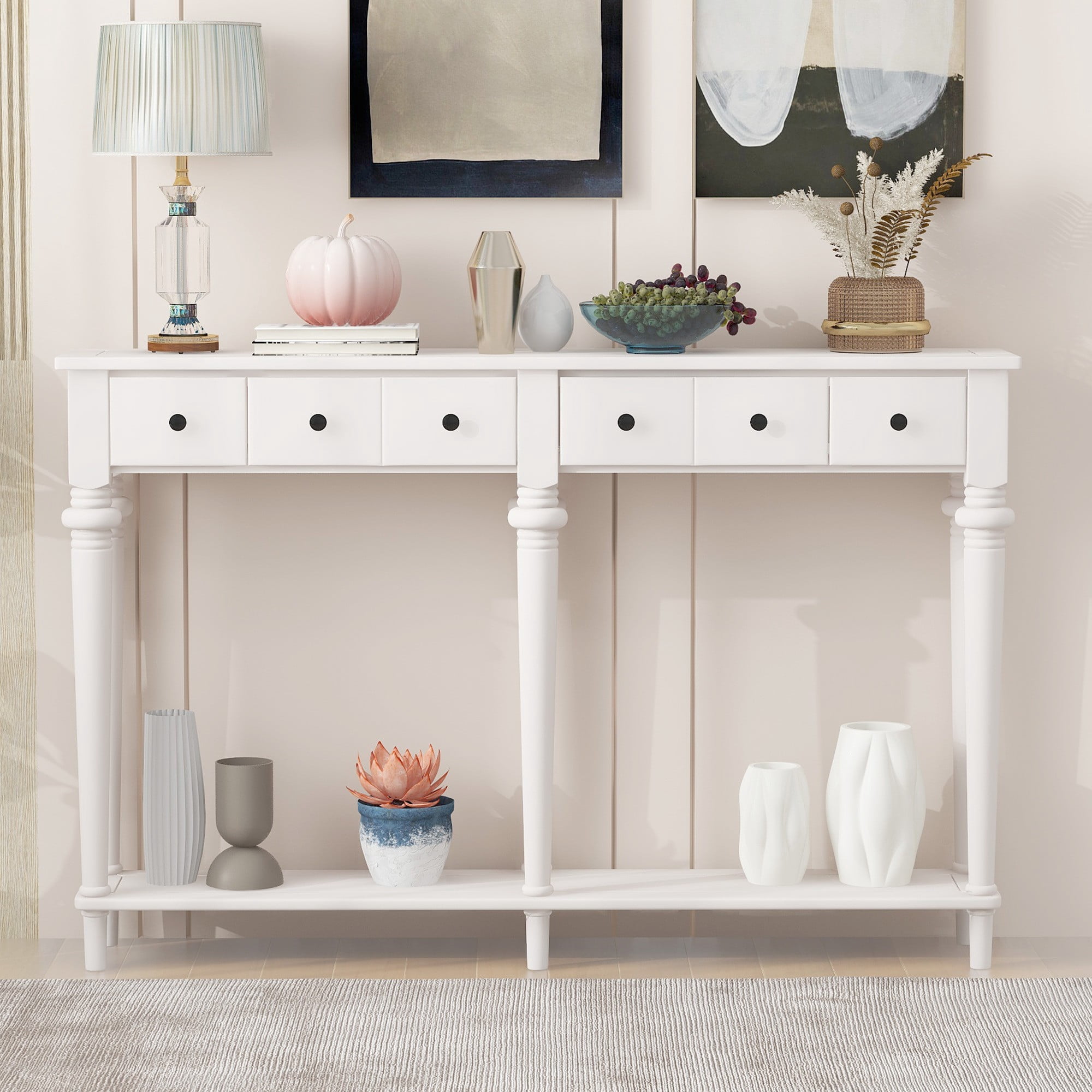 Entryway Table with 4 Drawers, Retro Console Table with Open Shelf for