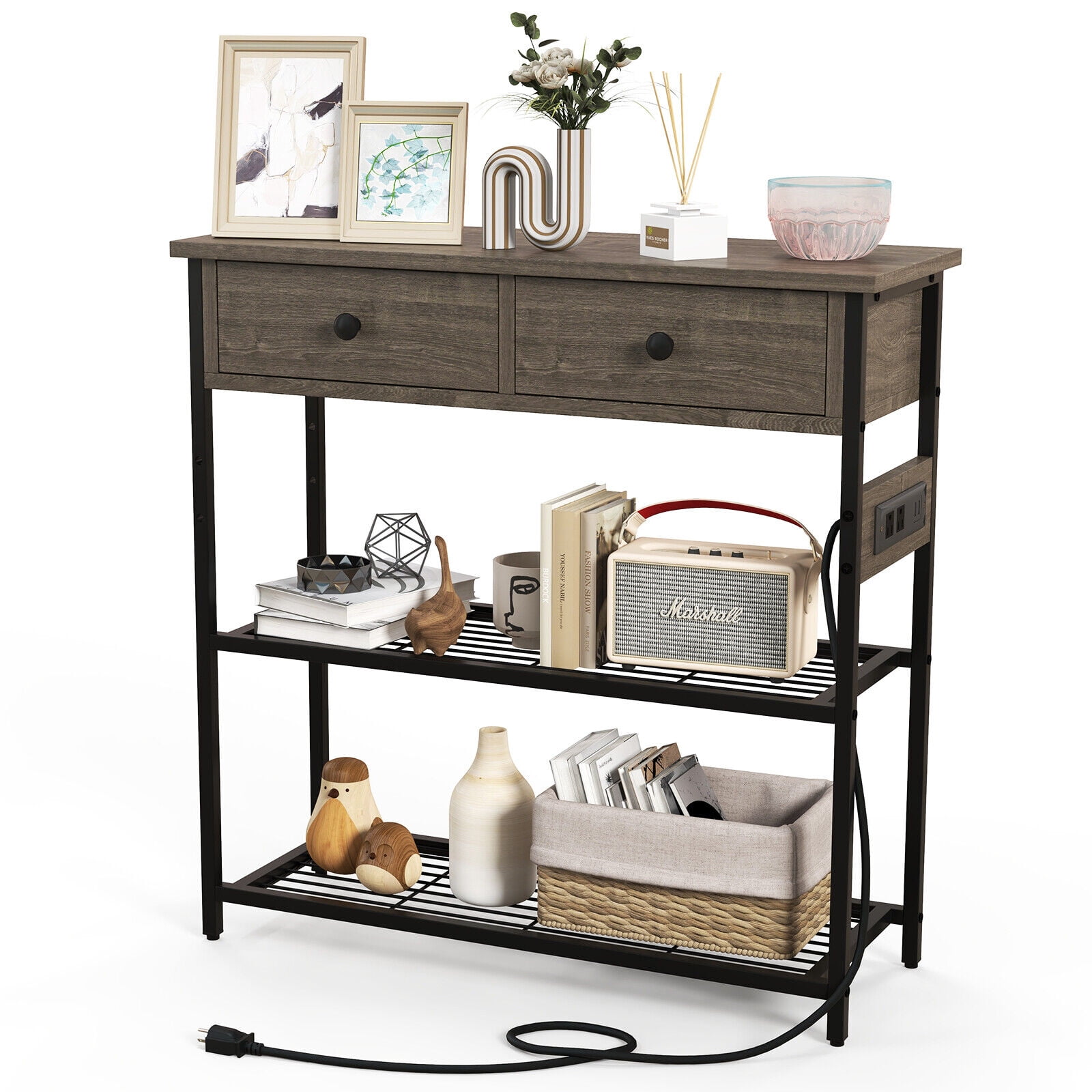 Grey Oak and Black Metal Console Table with Storage and Charging Station