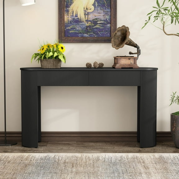 Entryway Table with Fluted Design, Modern Console Table with Storage, Oval Top and 2 Drawers for Entryway and Living Room (Black)