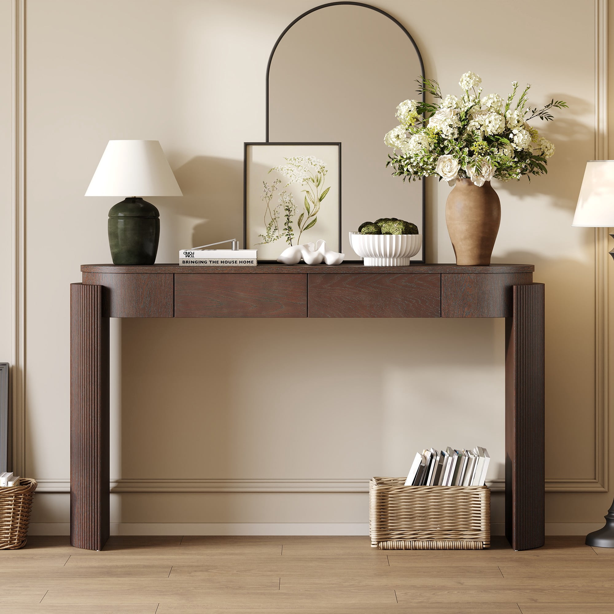 Entryway Table with Natural Wood Grain Finish, Console Table with Fluted Design, Oval Top and 2 Drawers for Entryway and Living Room (Espresso)