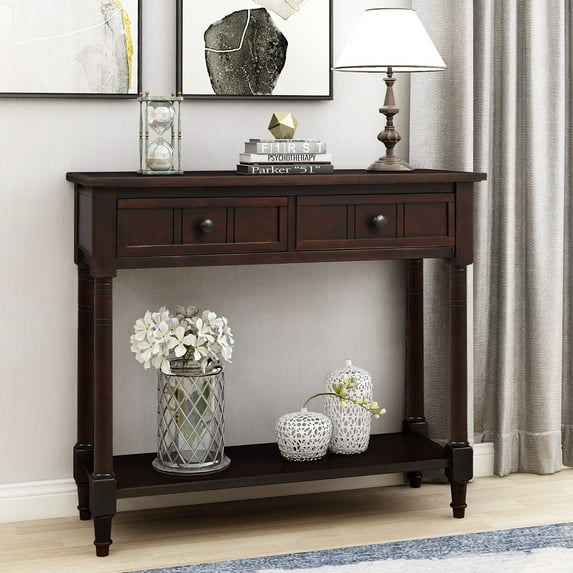 Entryway Table with Solid Wood Legs Console Table Traditional Design with Two Drawers and Bottom Shelf Sofa Table
