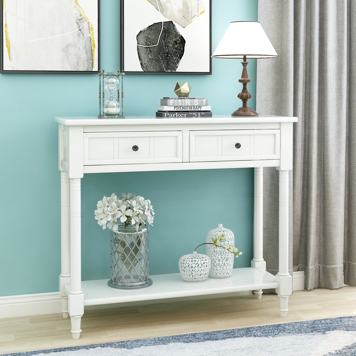 Entryway Table with Solid Wood Legs Console Table Traditional Design with Two Drawers and Bottom Shelf Sofa Table