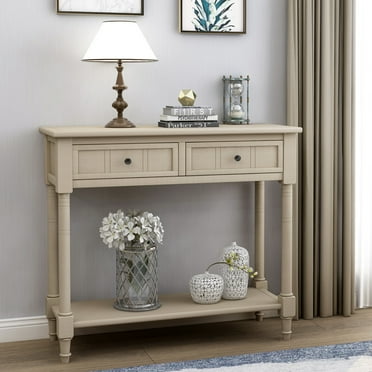 Entryway Table with Solid Wood Legs Console Table Traditional Design with Two Drawers and Bottom Shelf Sofa Table