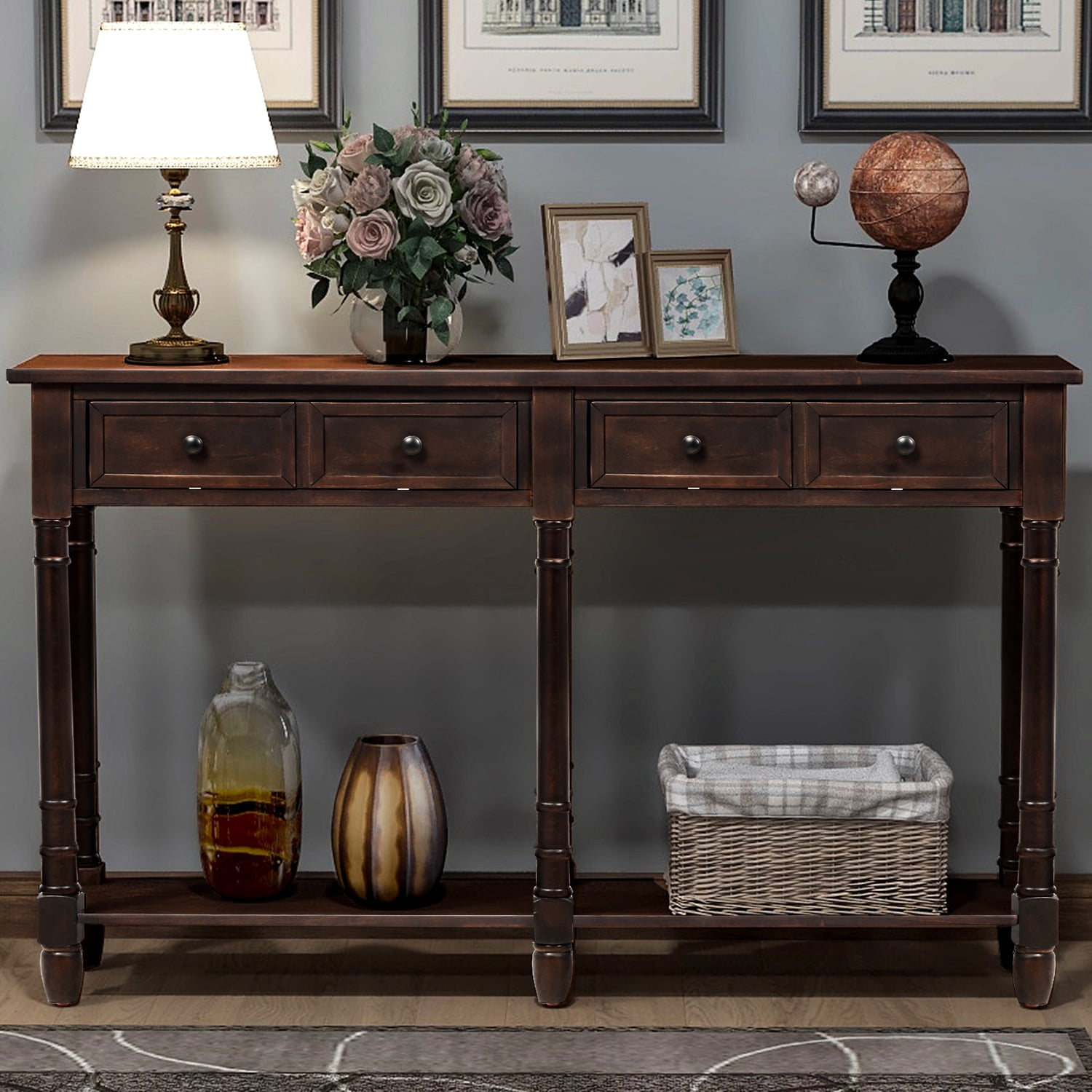 Espresso Pine Wood Console Table with Drawers and Shelf