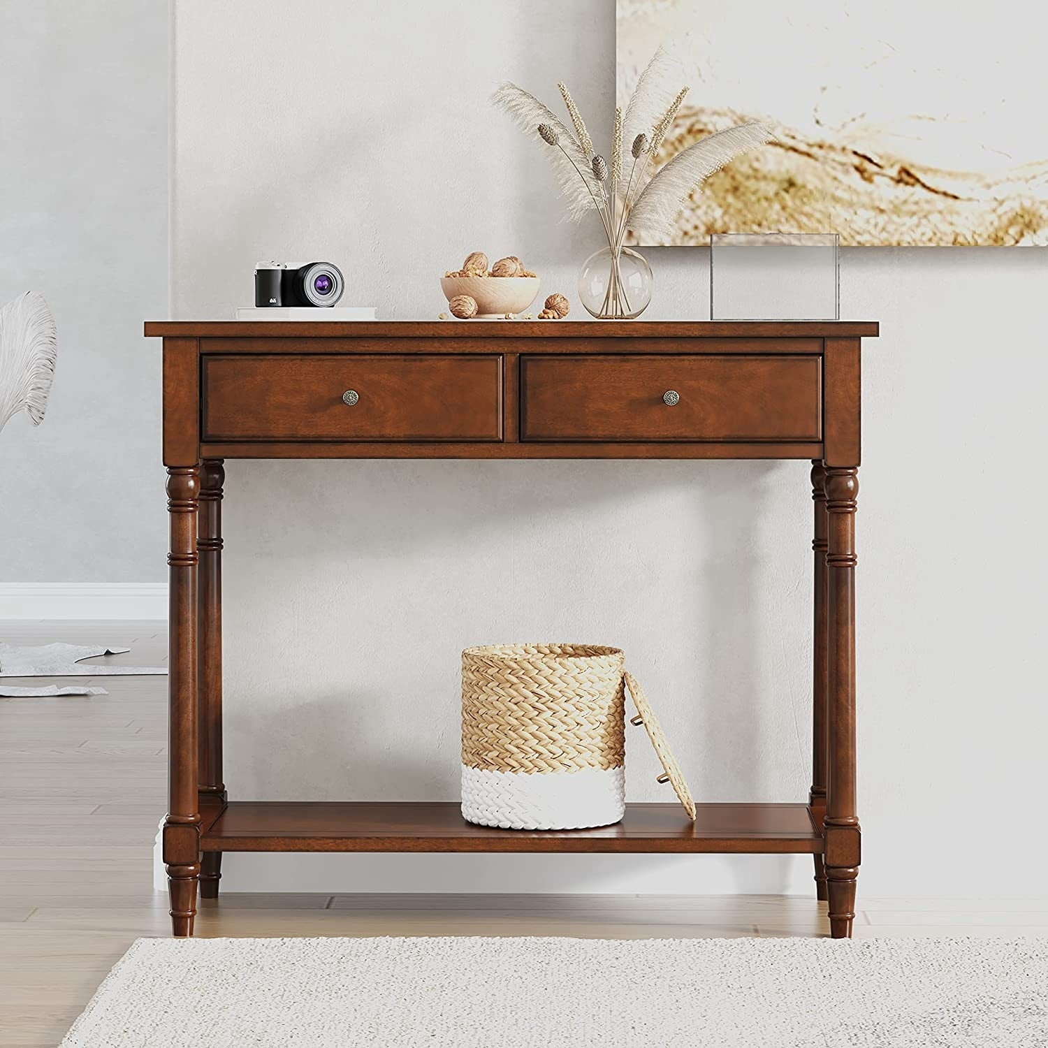 Entryway Table with Storage Drawers Console Table with Shelf Walnut - Walmart.com