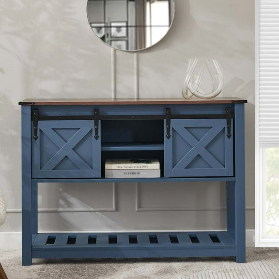 Entryway Table with Storage Shelf, Sliding Barn Doors Console Table for Living Room Hallway, Blue